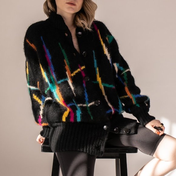 Vintage 80s mohair abstract stripe chunky cardigan - Picture 4 of 10